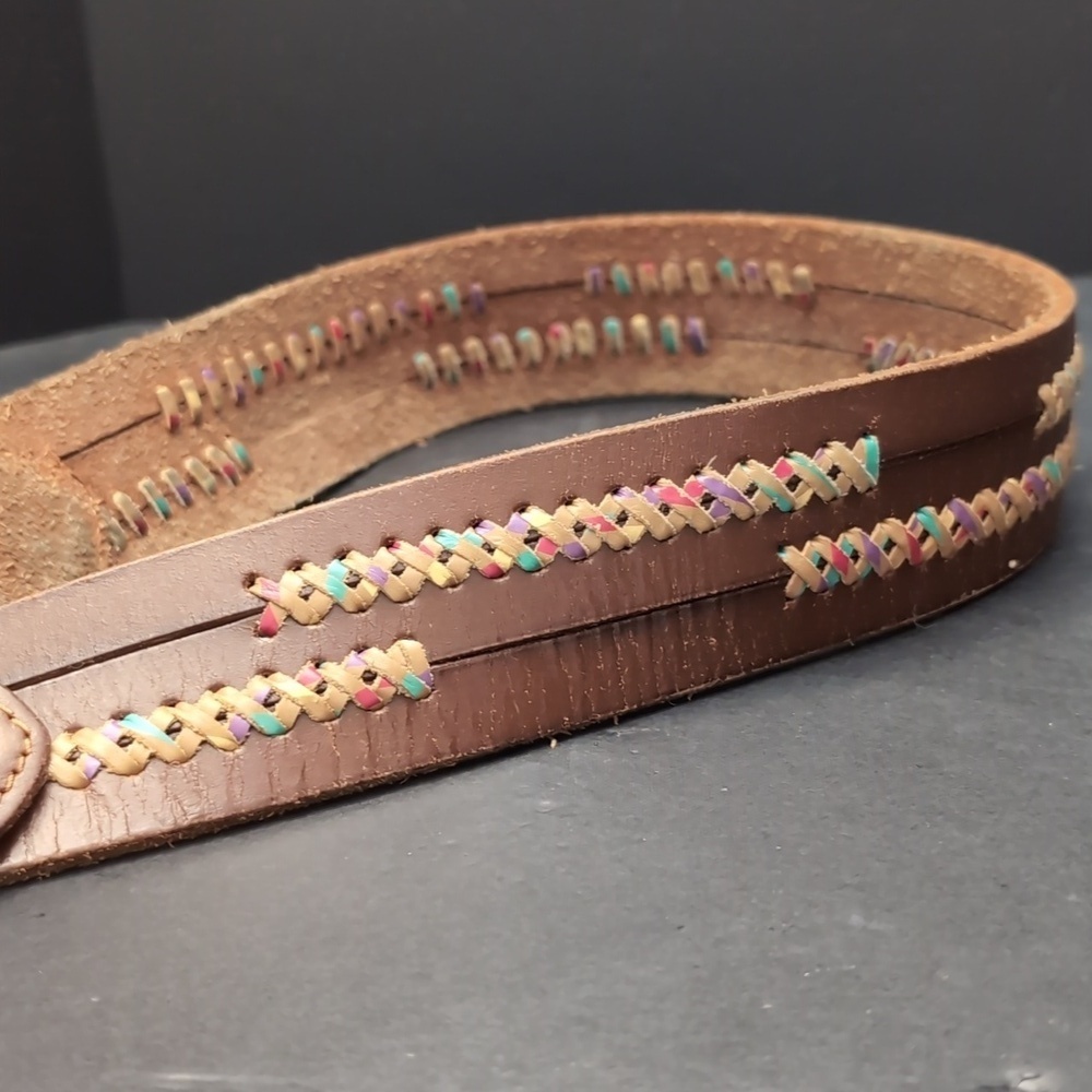 Lucky Brand Women's Brown Leather Belt with Multi-colored Stitching . - Picture 3 of 9